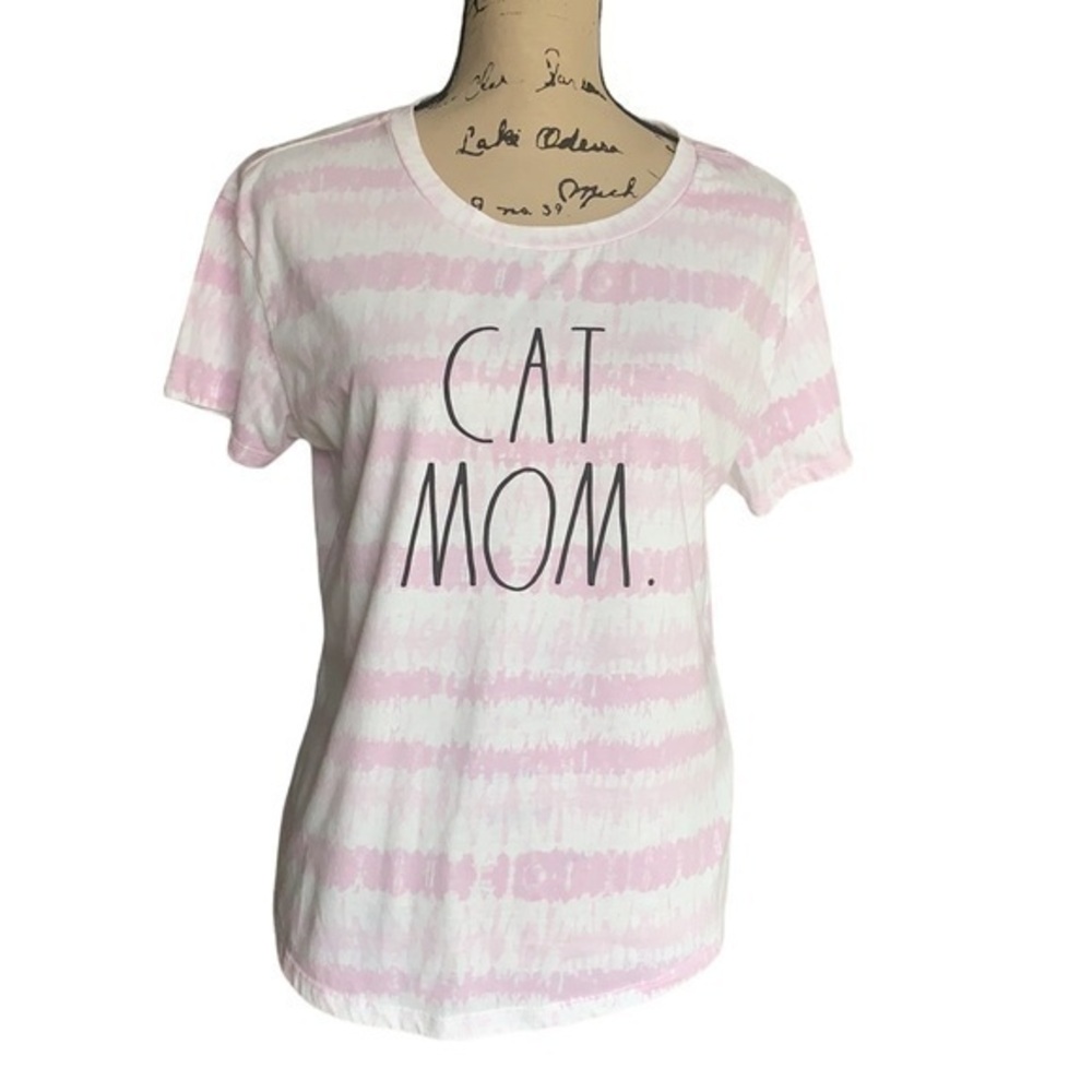 Rae Dunn Cat Mom Tie Dye Pink WhiteTee Shirt